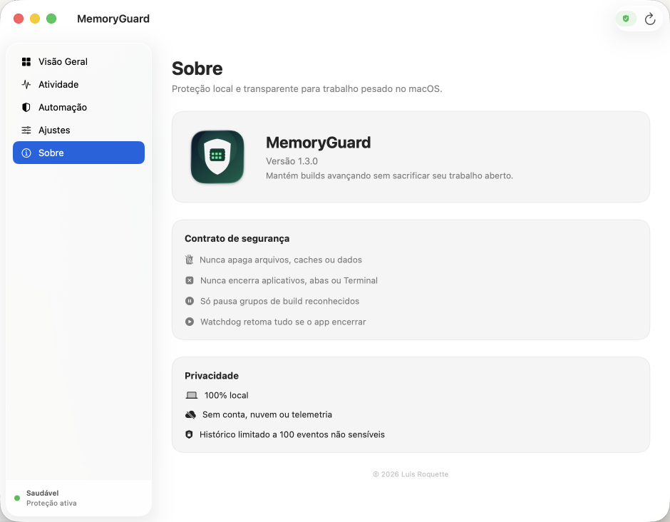 MemoryGuard About screen documenting local privacy and the non-destructive safety contract