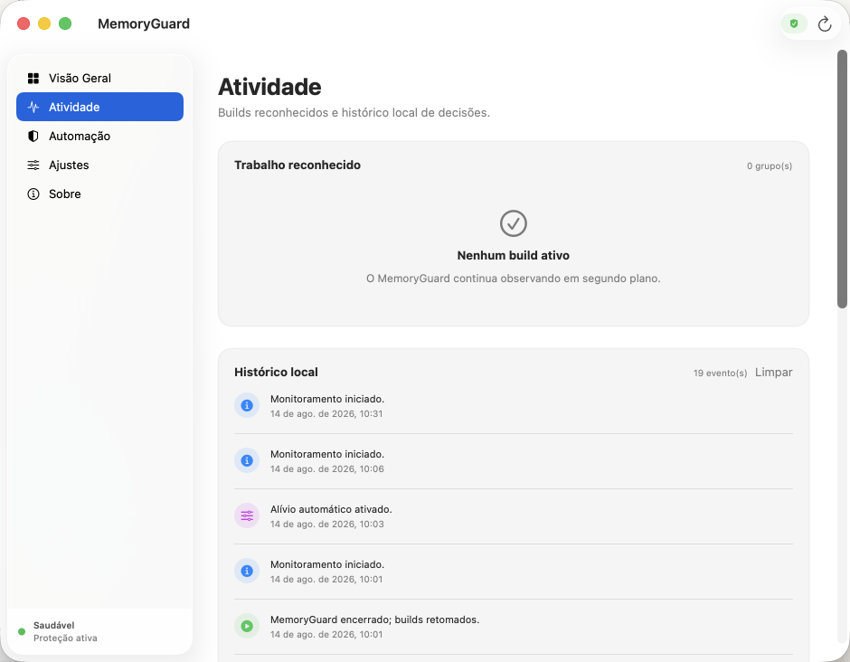 MemoryGuard Activity screen showing no active build and a local event history