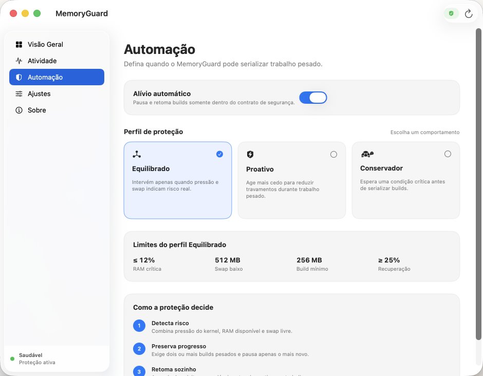 MemoryGuard Automation screen with Balanced, Proactive and Conservative profiles