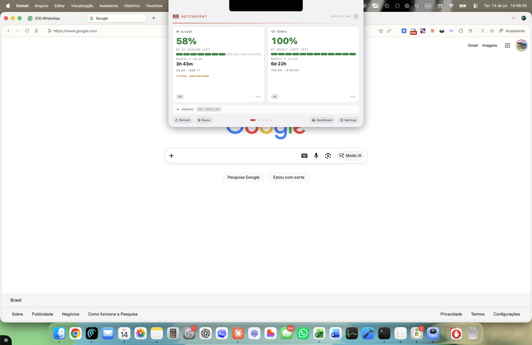 NotchAgent expanded NOW panel over the macOS desktop