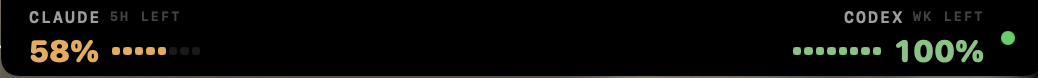NotchAgent compact bar showing 58 percent Claude quota and 100 percent Codex quota remaining