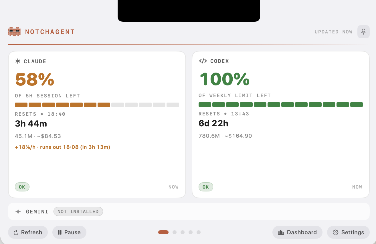 NOW panel with quota left per provider